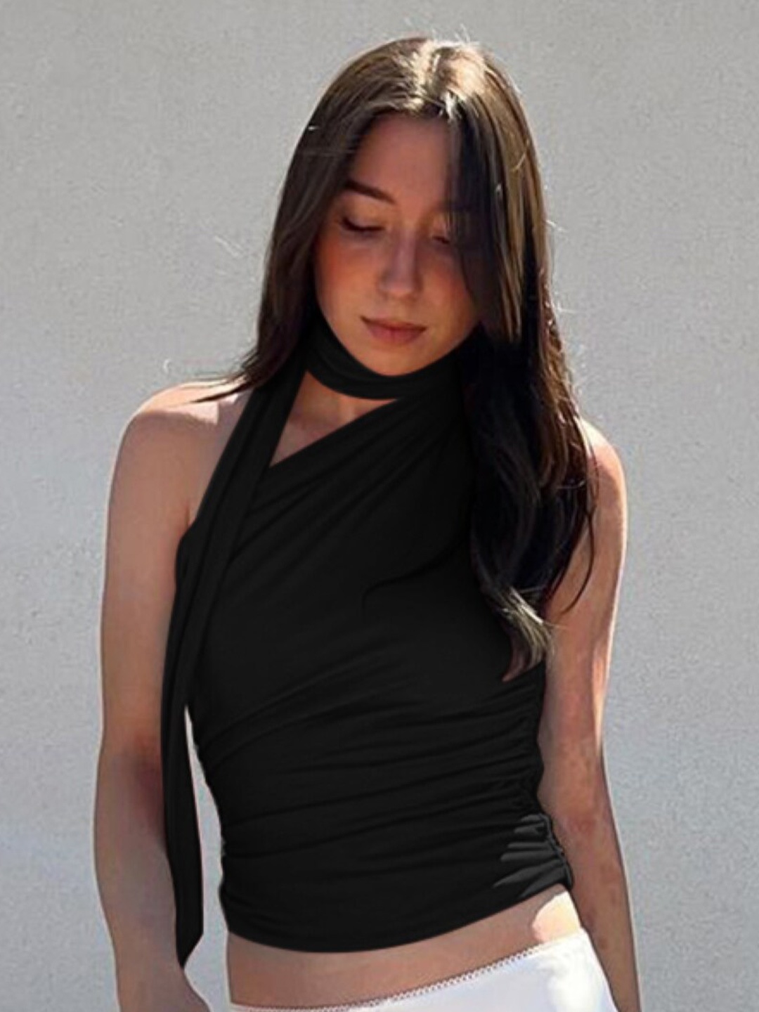 

StyleCast One-Shoulder Ruched Sleeveless Fitted Top, Black