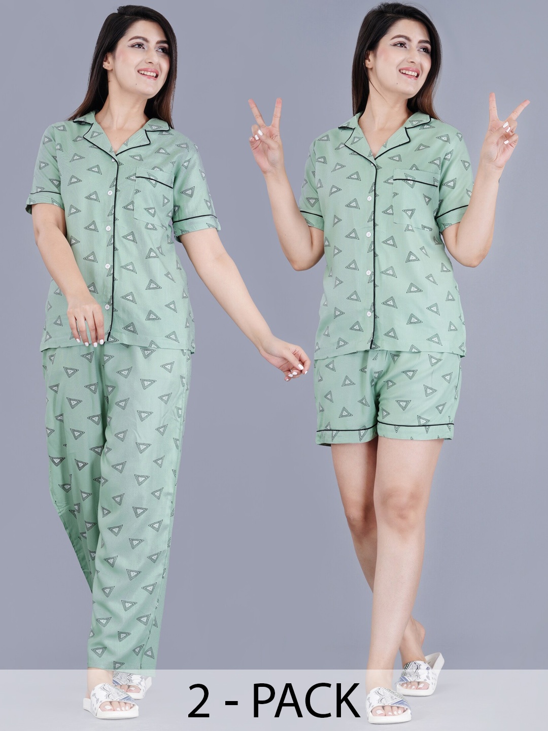 

TREND ME Gemetric Printed Shirt & Pyjamas, Teal