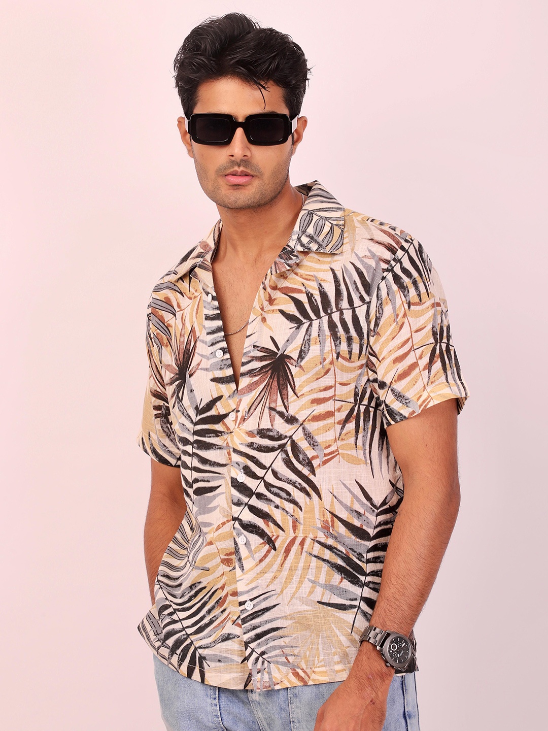 

DEZANO Modern Floral Printed Casual Shirt, Beige