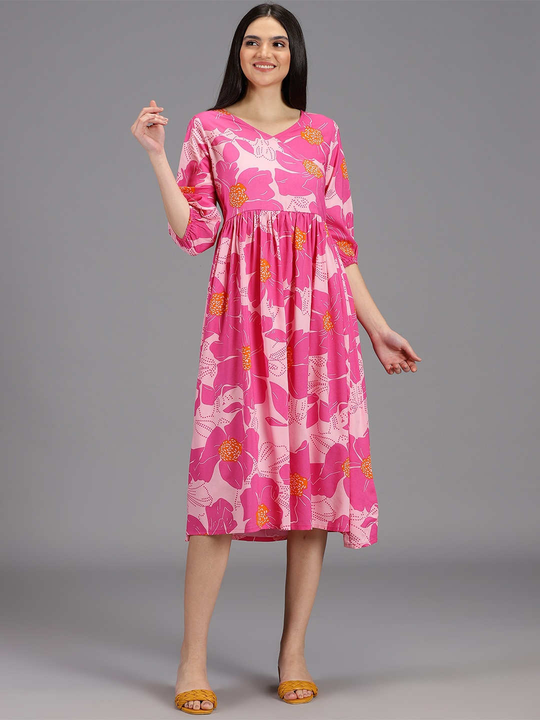

HAY Floral Printed V Neck Gathered or Pleated Midi Dress, Pink
