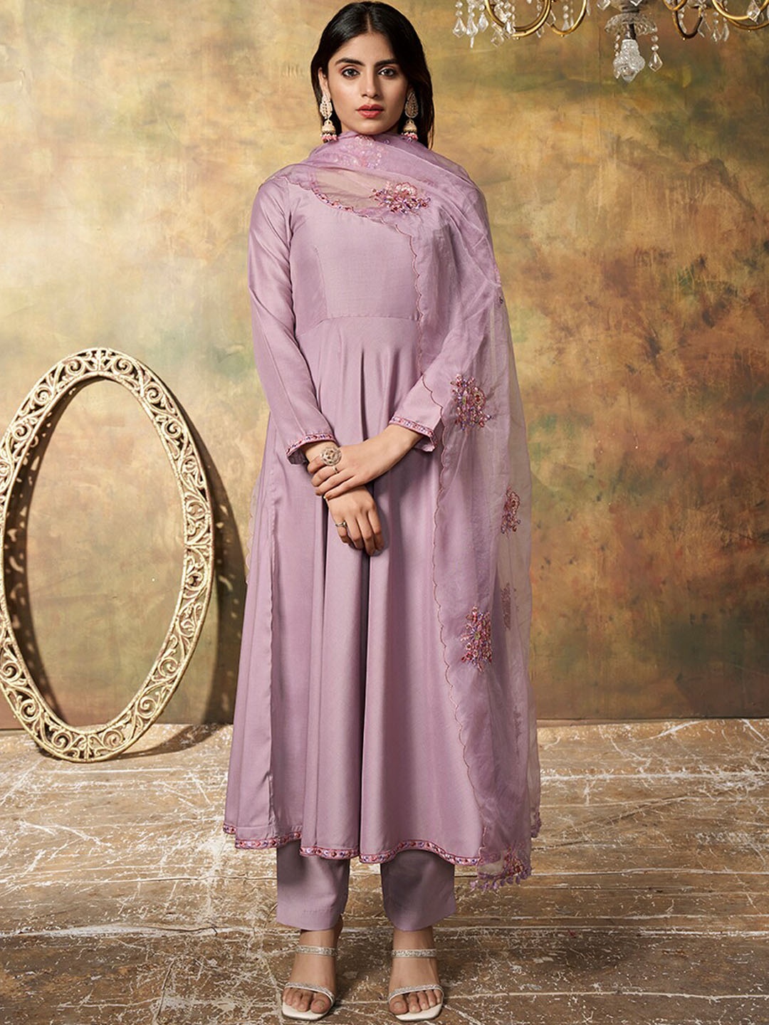 

Inddus Anarkali Kurta & Trousers With Dupatta, Mauve