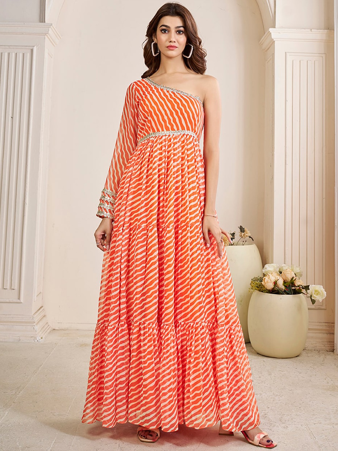 

Inddus Striped Off Shoulder Maxi Ethnic Dress, Orange