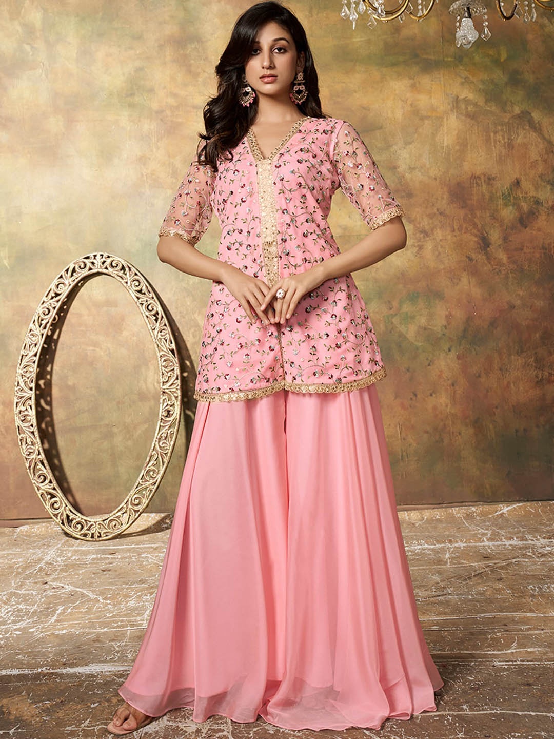 

Inddus Floral Embroidered Regular Thread Work Kurti with Palazzos, Pink