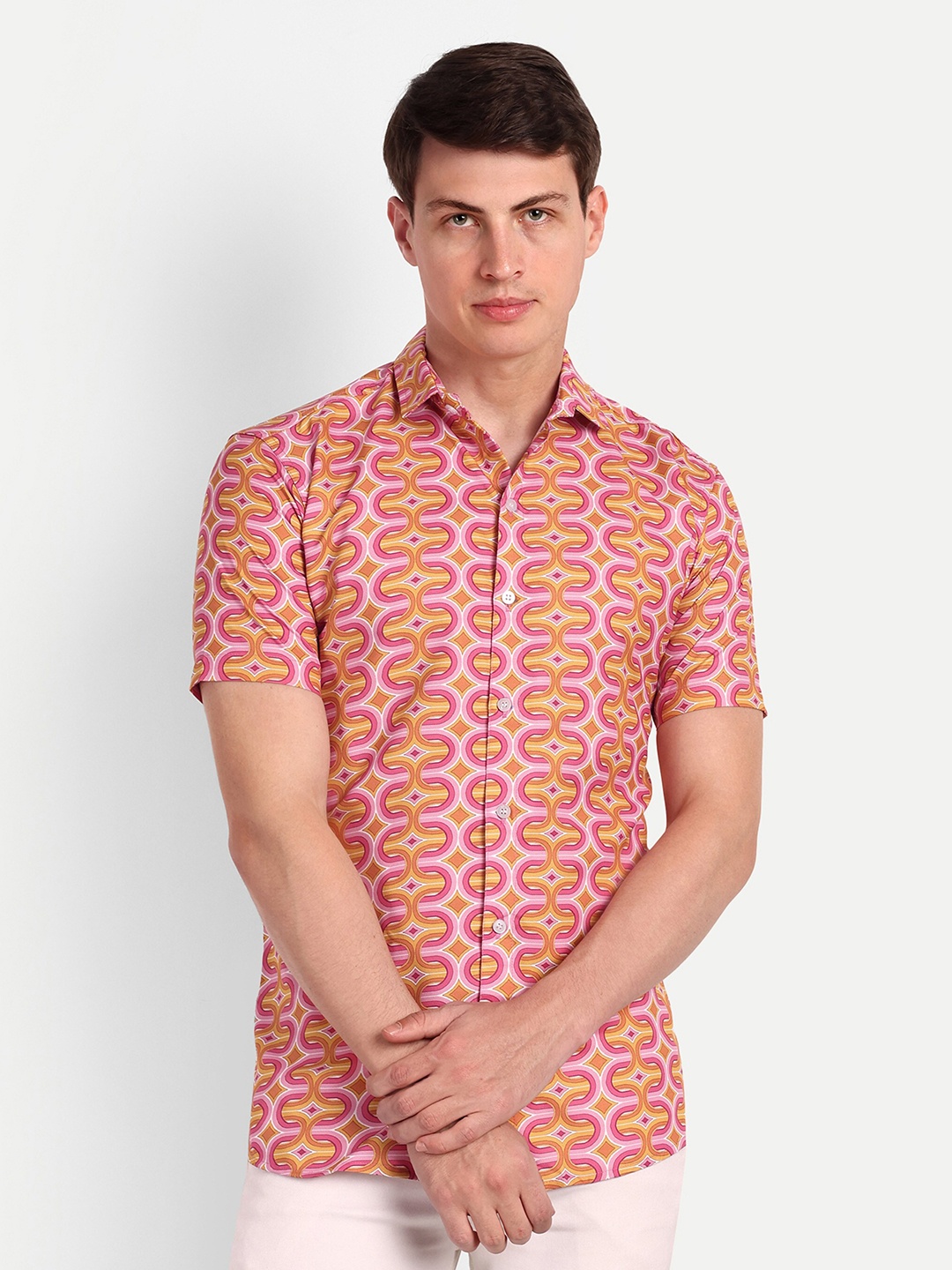 COLORWINGS Comfort Slim Fit Geometric Printed Casual Shirt, Pink