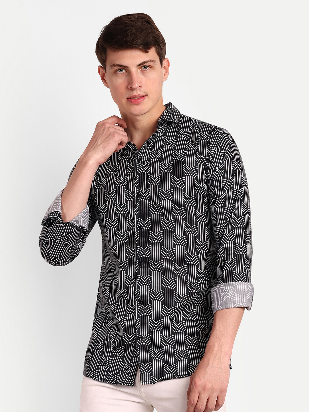 

COLORWINGS Comfort Abstract Printed Cotton Casual Shirt, Black