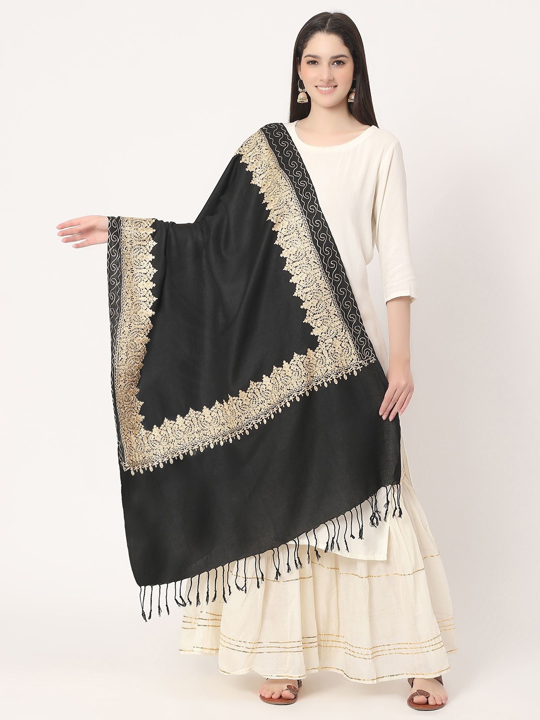 

Moda Chales Ethnic Motifs Embroidered Shawl, Black