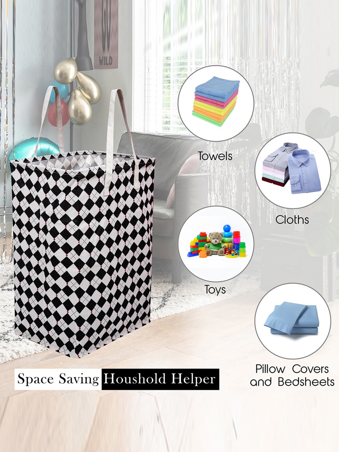 

Kuber Industries 2 Pcs Black & White Checked Foldable Laundry Baskets