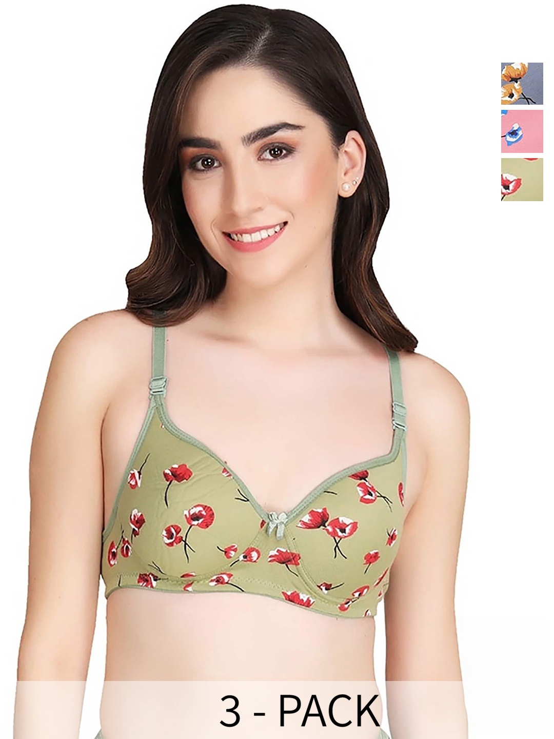 

AROUSY Pack Of 3 Floral Printed Full Coverage Minimizer Bra - 360 Degree Support, Green