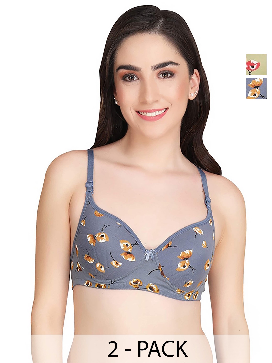 

AROUSY Pack Of 2 Floral Printed 360 Degree Support Full Coverage Minimizer Bra, Green