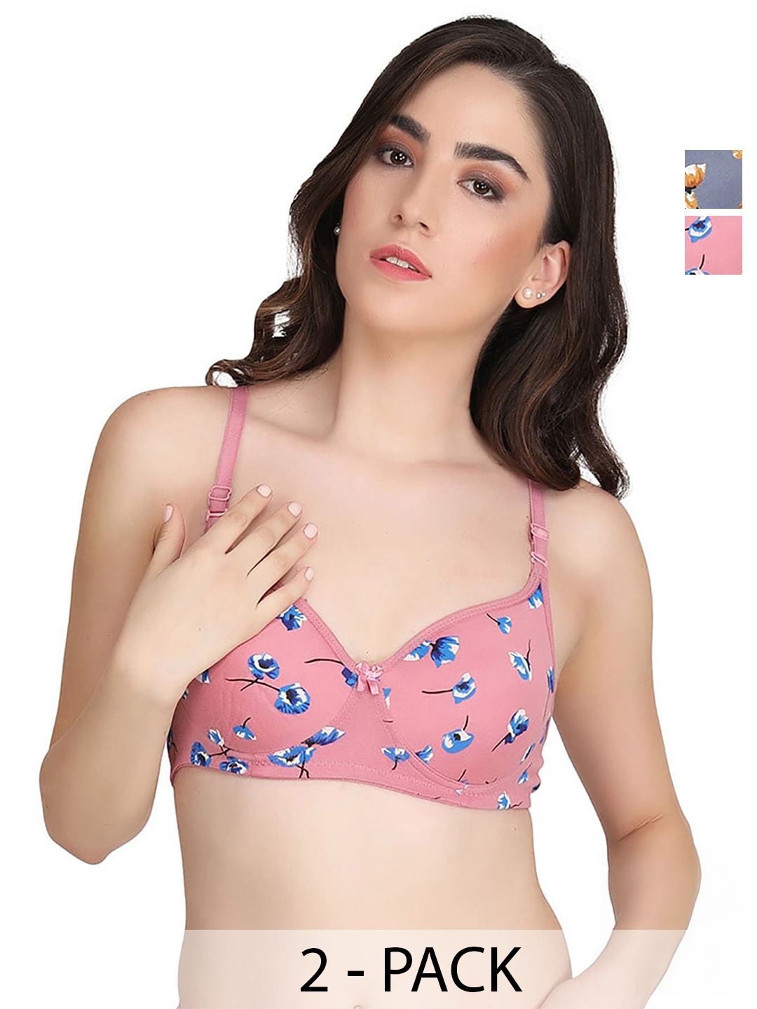 

AROUSY Pack Of 2 Floral Printed 360 Degree Support Cotton Full Coverage Minimizer Bra, Pink