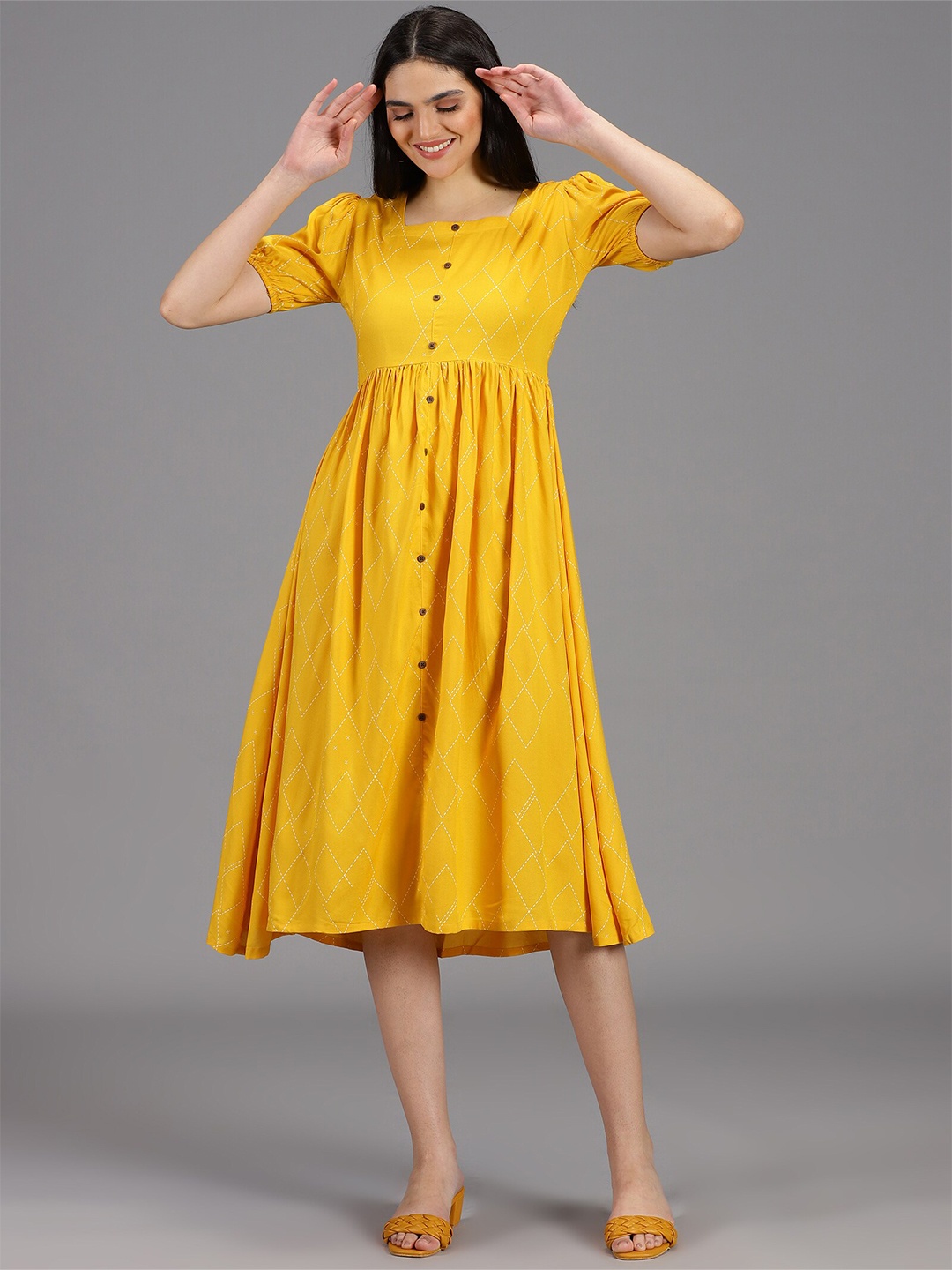 

HAY Checked Square Neck Puff Sleeves Gathered Detailed Fit & Flare Midi Dress, Mustard