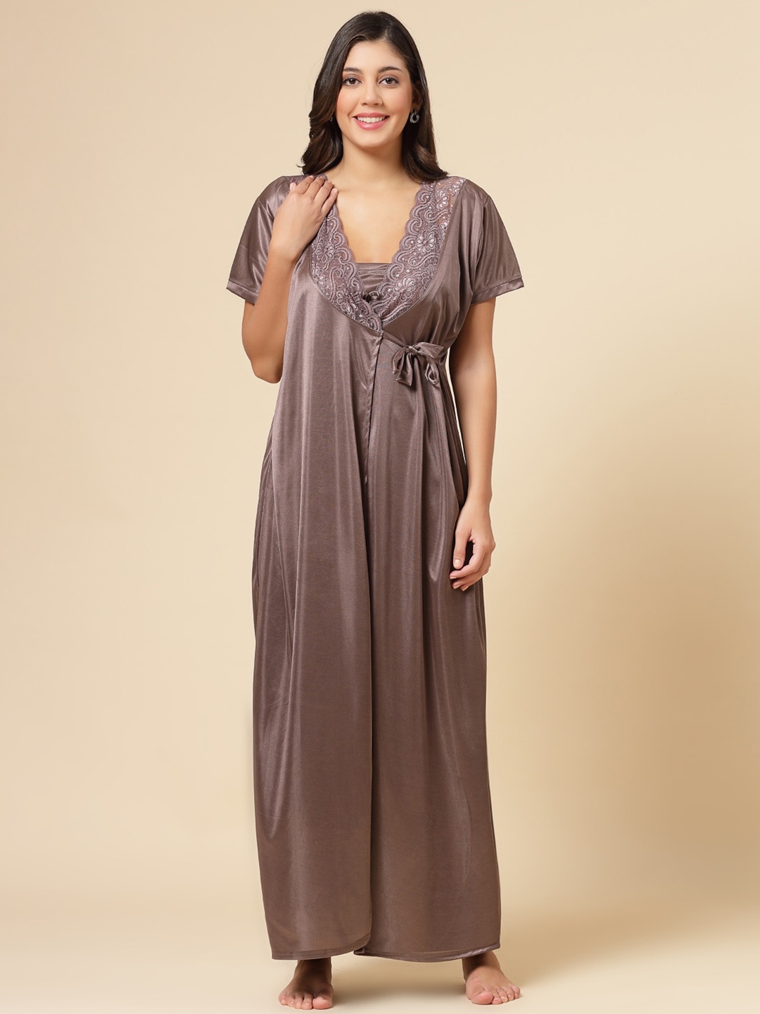 

NIGHT KEYS Satin Maxi Nightdress With Robe, Grey