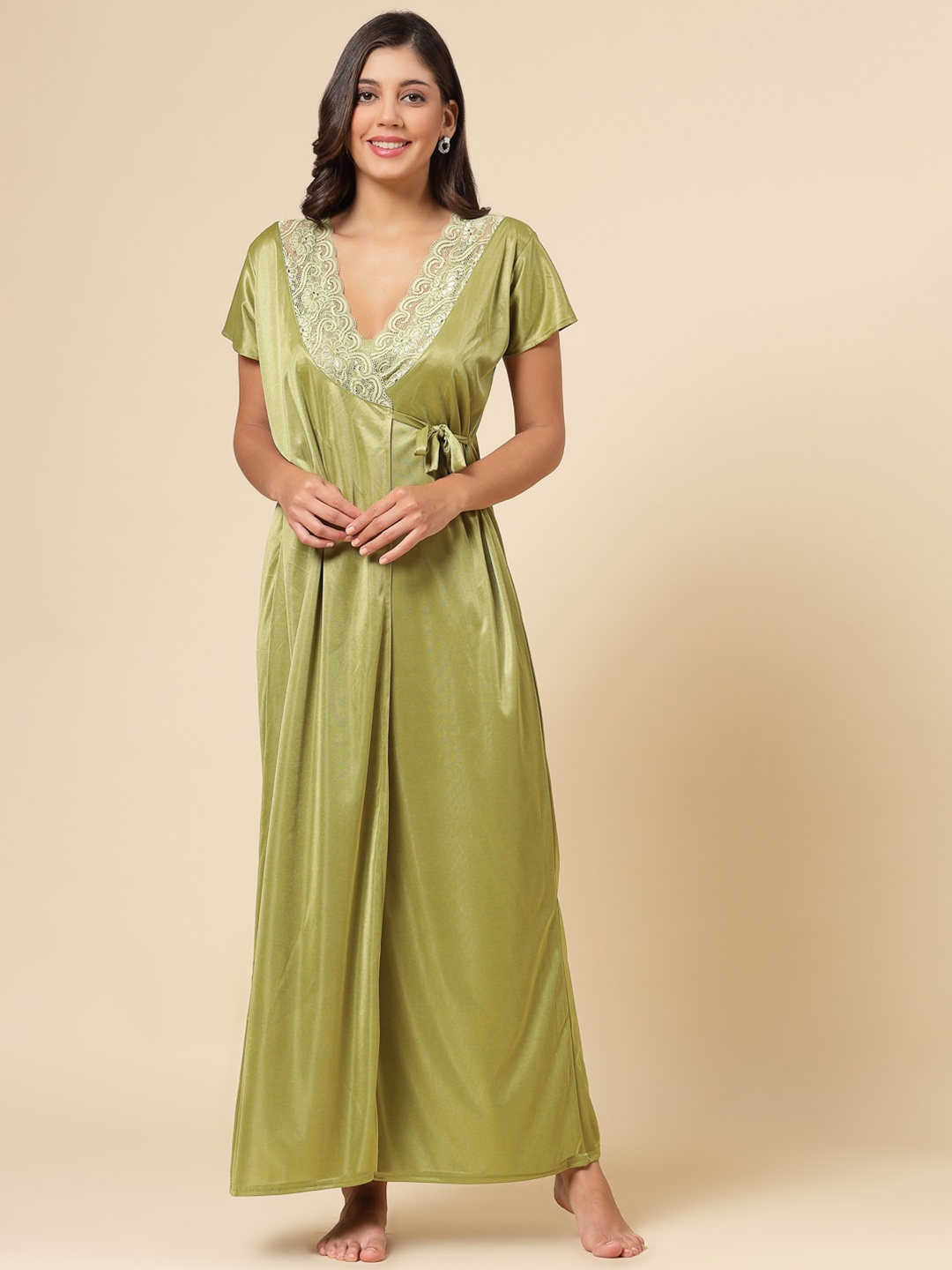 

NIGHT KEYS Satin Maxi Nightdress With Robe, Lime green