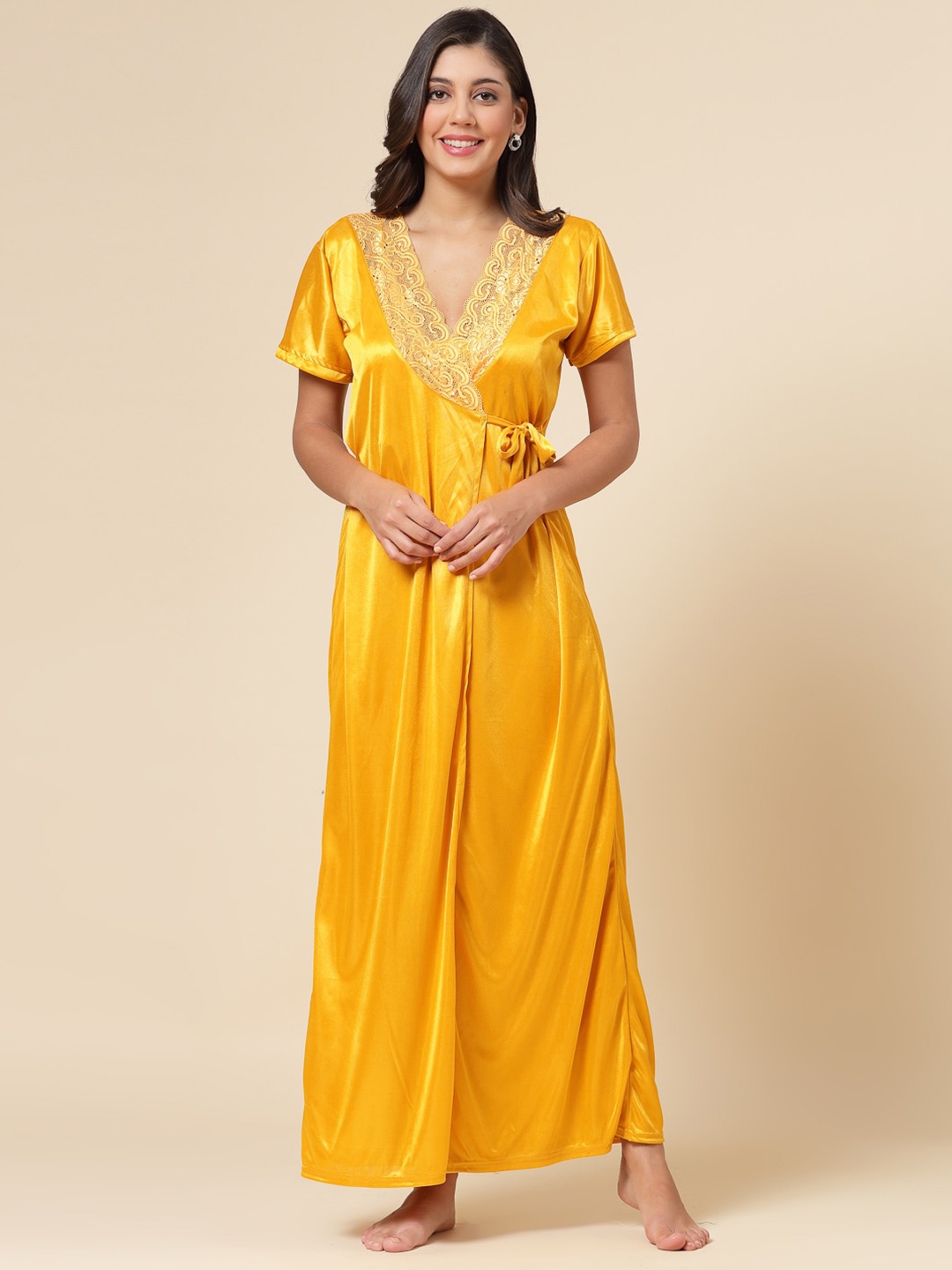 

NIGHT KEYS Satin Maxi Nightdress With Robe, Yellow