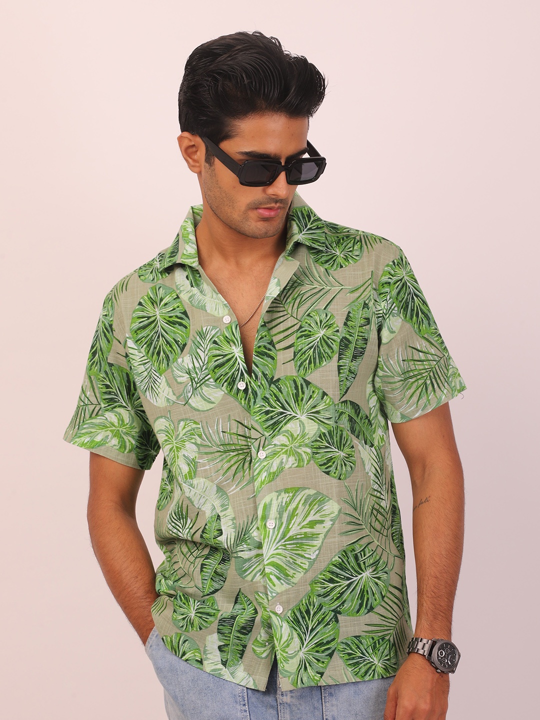 

DEZANO Modern Fit Tropical Slab Printed Oversized Casual Shirt, Green