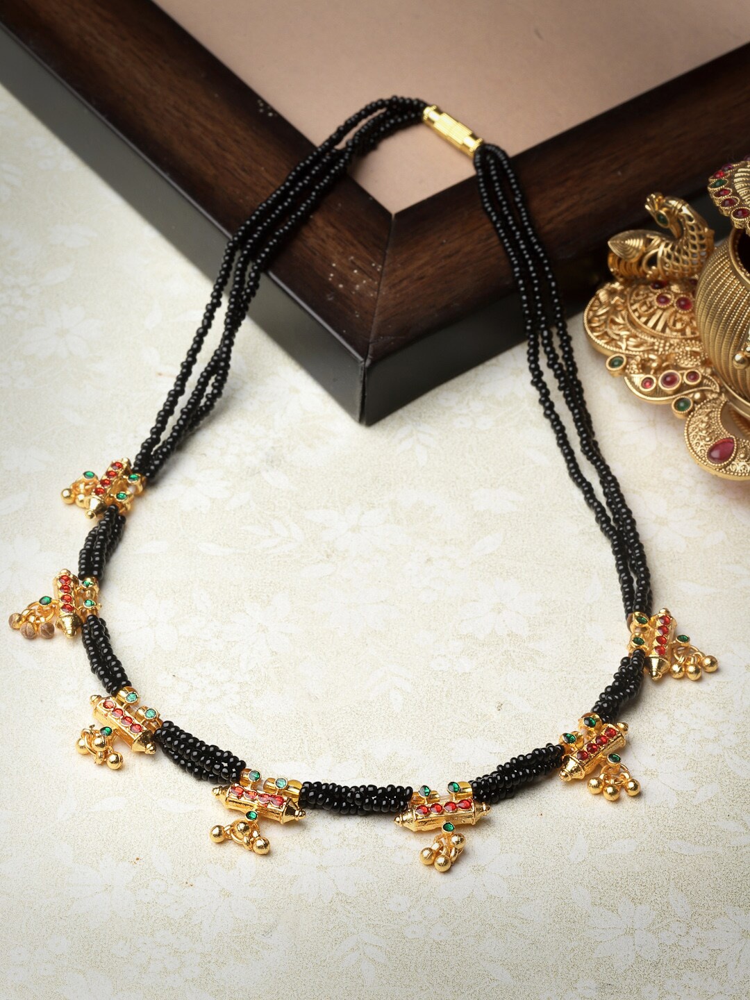 

Sanjog Gold-Plated Beaded Traditional Mangalsutra Jantar Charm Choker Tribal Necklace, Black