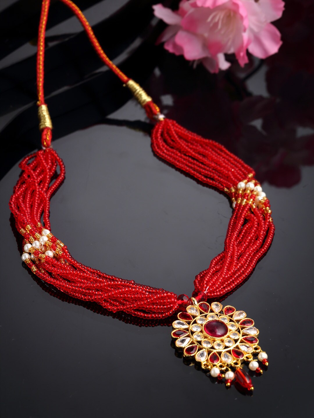 

Sanjog Gold-Plated Kundan CZ & AD Stone Pearls Layered Choker Necklace, Red