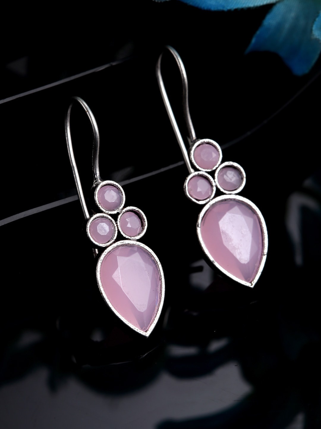 

Sanjog Pink Silver-Plated Stone Studed Contemporary Drop Oxidised Earrings