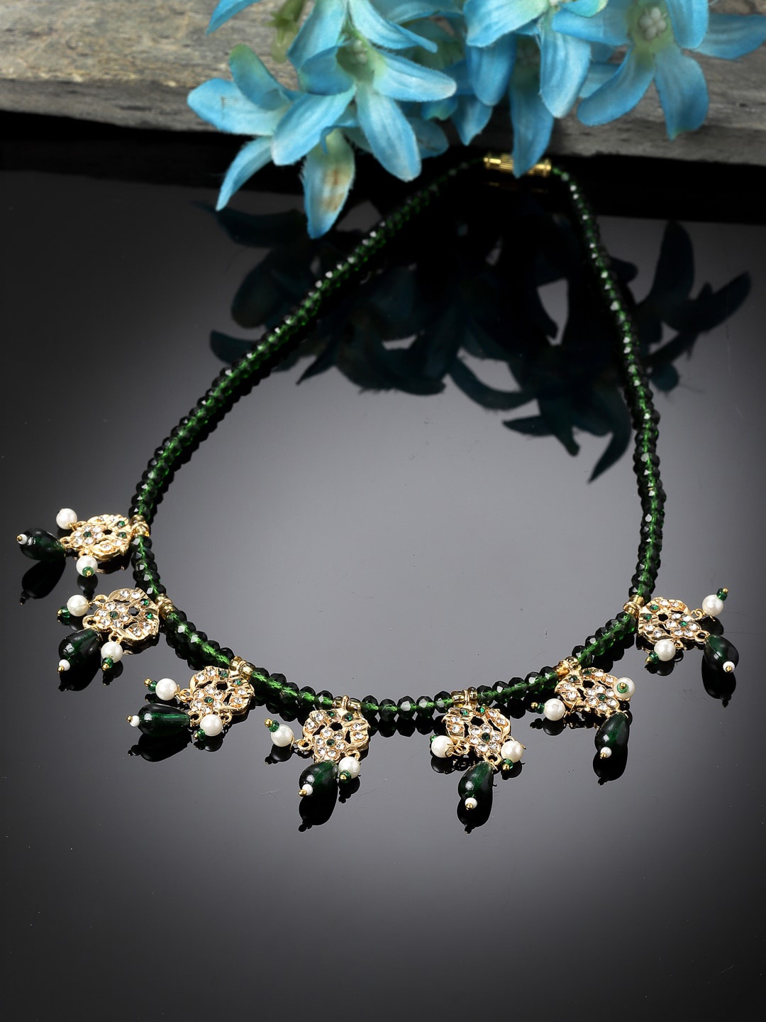 

Sanjog Gold-Plated Artificial Stones and Crystal Beaded Charm Green Choker Necklace