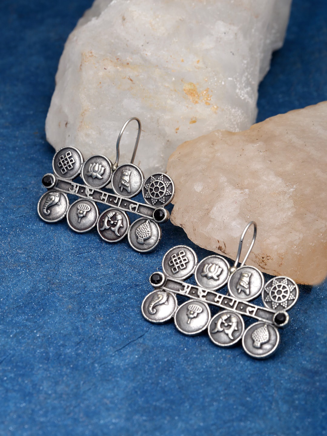 

Sanjog Oxidized Contemporary Drop Coin Tribal Geometric Oxidised Earrings, Silver