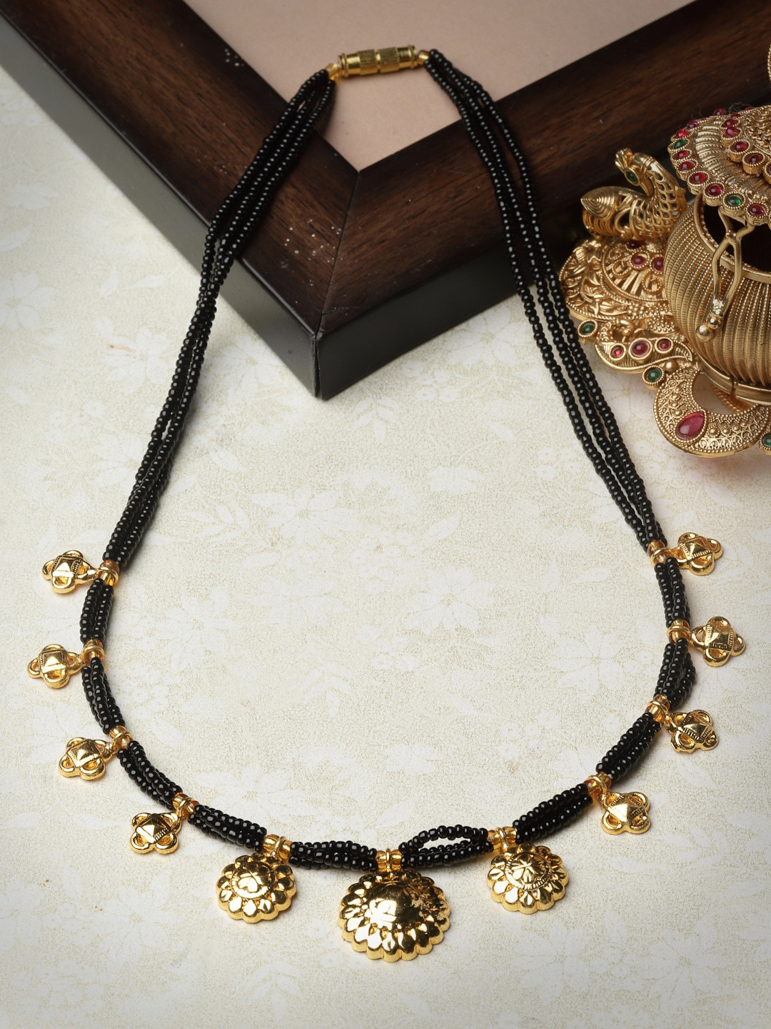 

Sanjog Gold-Plated Beaded Traditional Mangalsutra Jantar Charm Choker Tribal Necklace