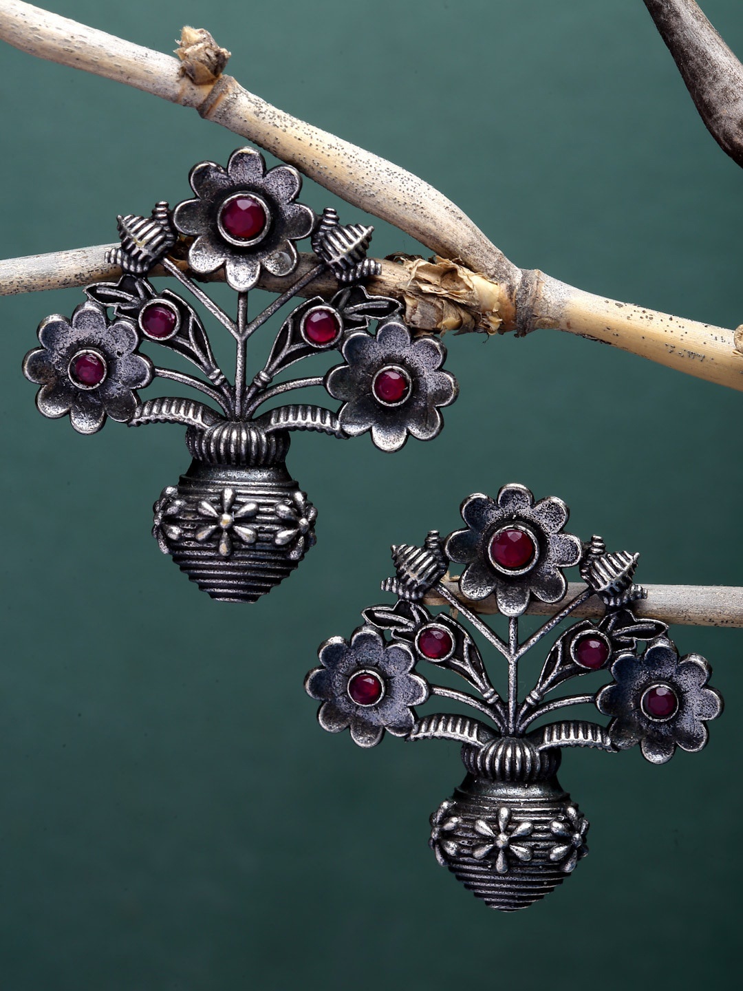 

Sanjog Women Silver-Plated Floral Oxidised Drop Earrings