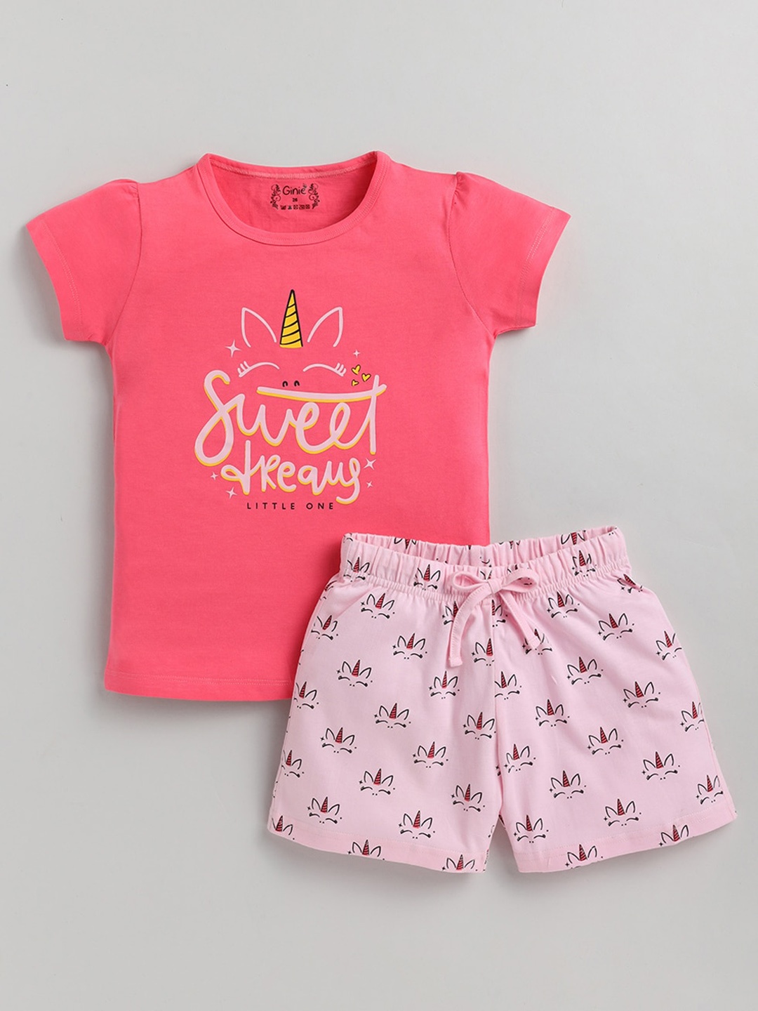 

Ginie Girls Pink & White Printed Top with Shorts