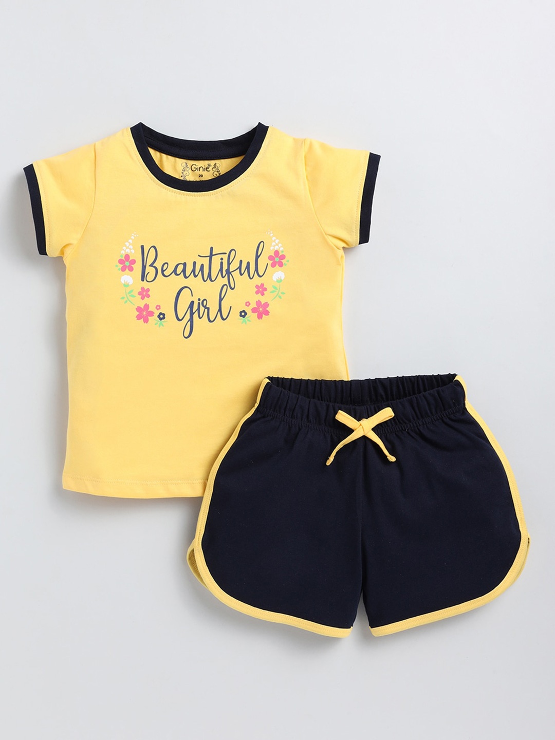 

Ginie Girls Typography Printed Round Neck Short Sleeves T-Shirt & Shorts, Yellow