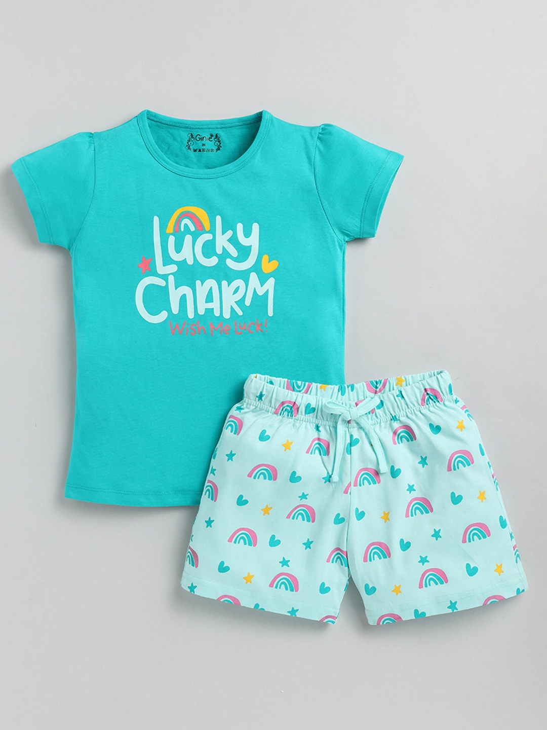 

Ginie Girls Typography Printed T-shirt With Shorts, Green