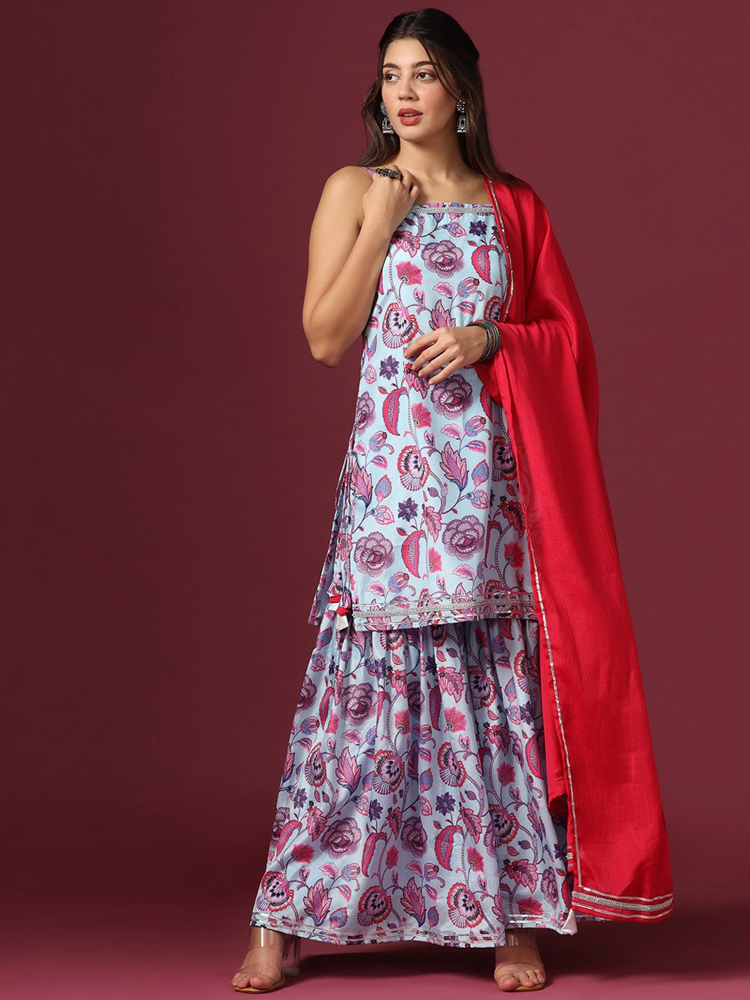 

FASHION DREAM Floral Printed Regular Gotta Patti Kurta with Sharara & With Dupatta, Blue