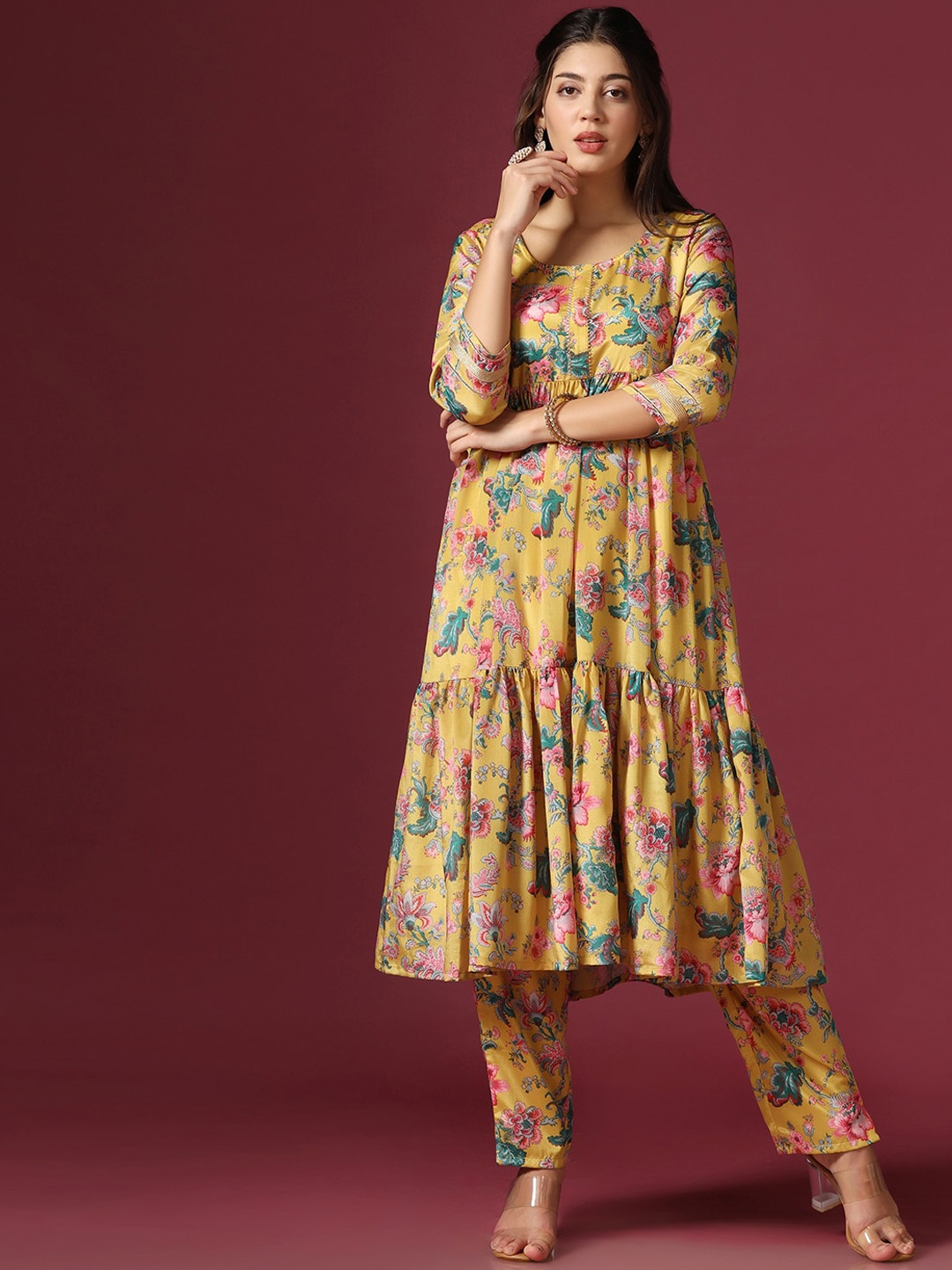

FASHION DREAM Floral Printed Tiered Gotta Patti Kurta with Trousers, Mustard