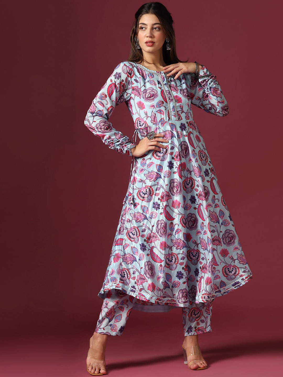 

FASHION DREAM Floral Printed Regular Gotta Patti Kurta with Trousers, Blue