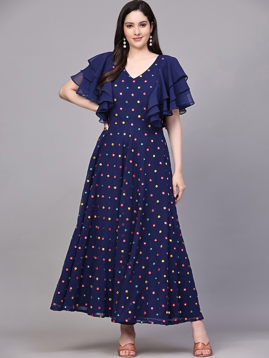 

KALINI Embroidered Flared Sleeve Georgette Maxi Dress, Navy blue