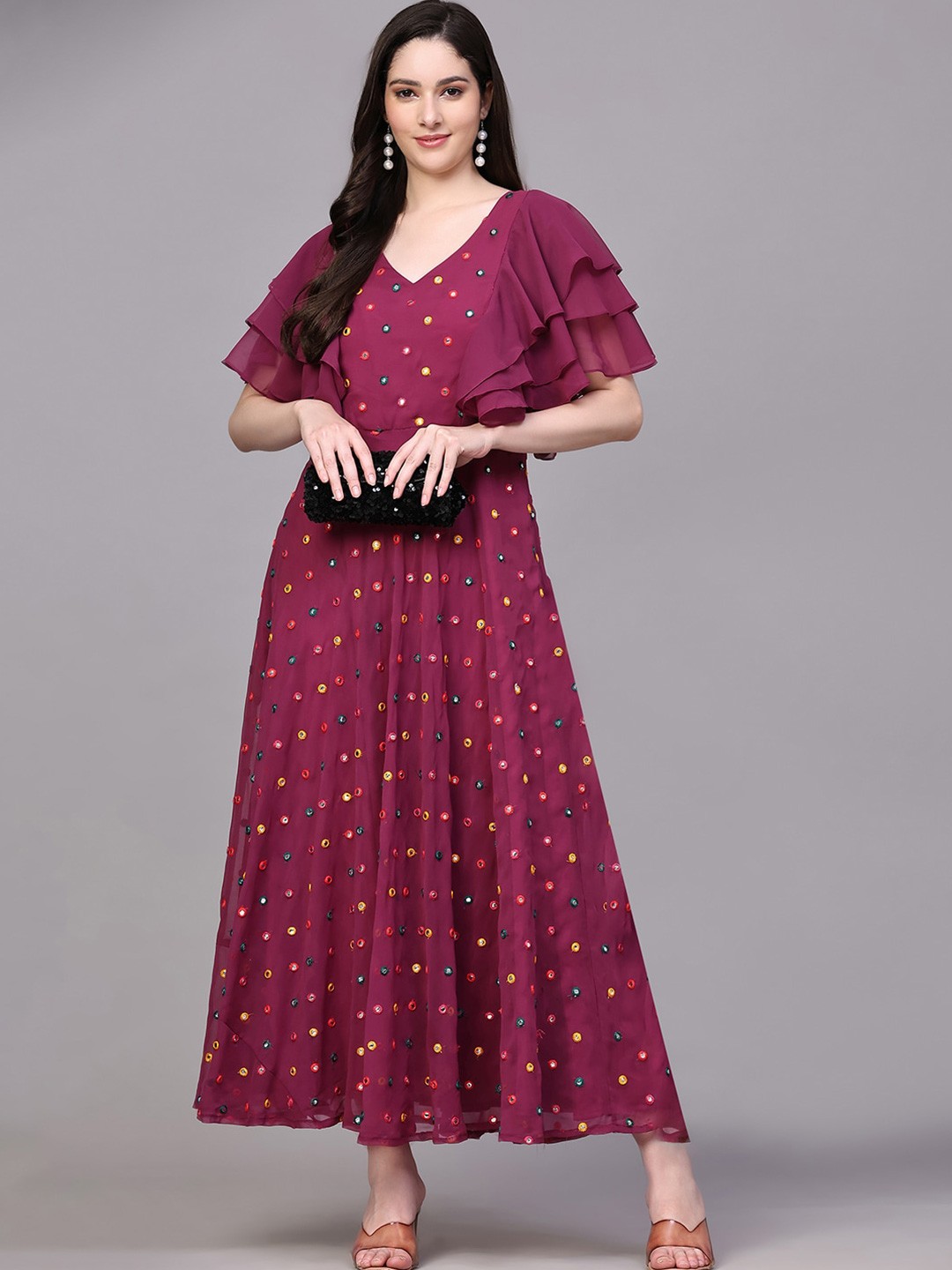 

KALINI Embroidered Flared Sleeve Georgette Maxi Dress, Burgundy