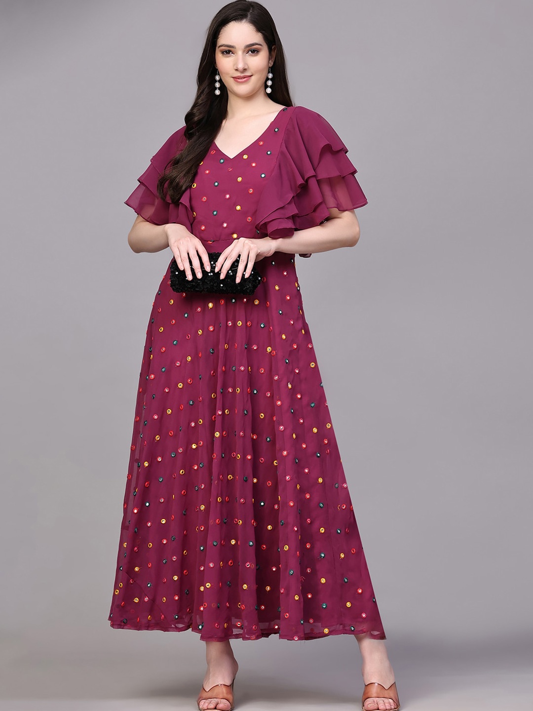 

BLACK SCISSOR Embroidered Flared Sleeve Georgette Maxi Dress, Burgundy