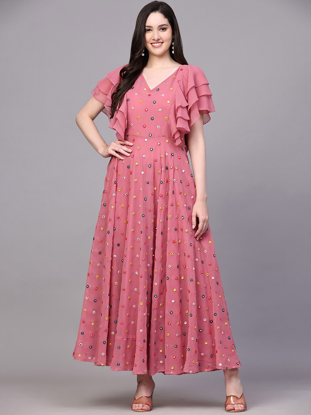 

BLACK SCISSOR Embroidered Flutter Sleeve Fit & Flare Maxi Ethnic Dress, Pink