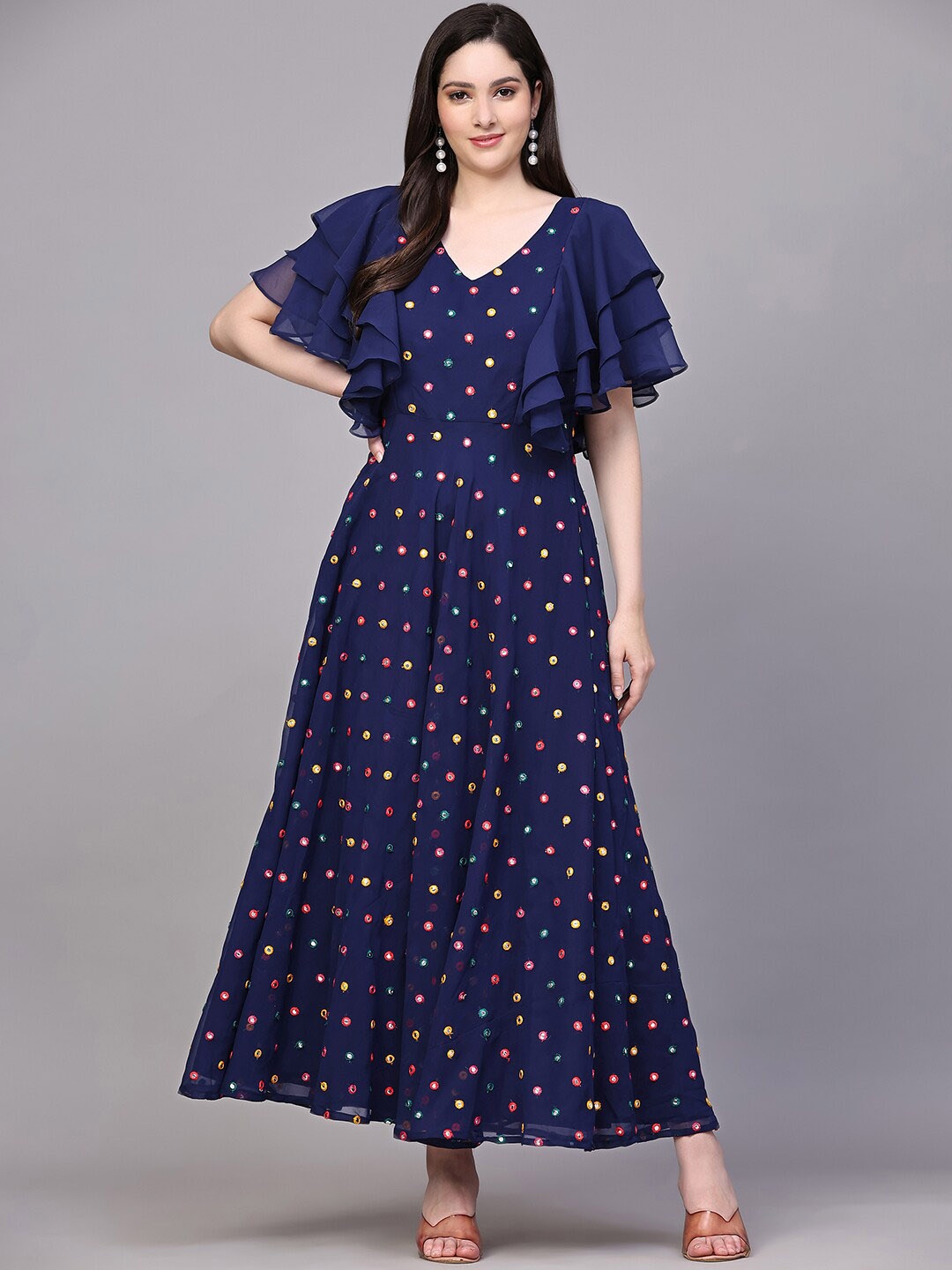 

BLACK SCISSOR Embroidered Flutter Sleeve Fit & Flare Maxi Ethnic Dress, Navy blue
