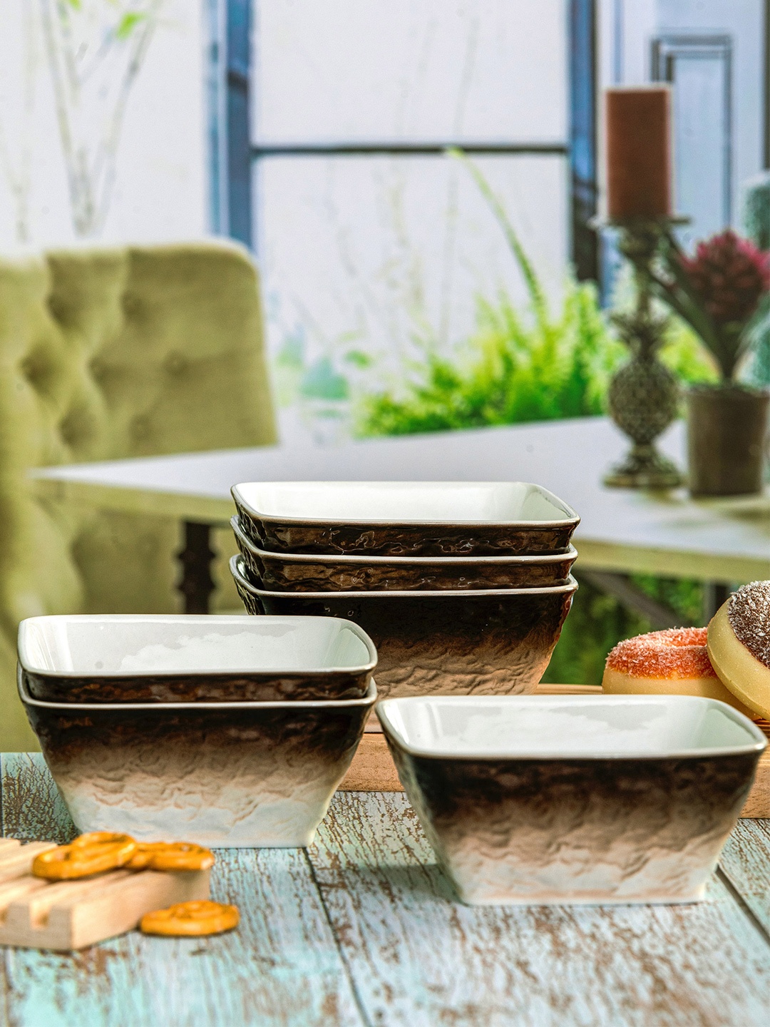 

White Gold Brown & White 6 Pieces Printed Porcelain Glossy Bowls 350 ml