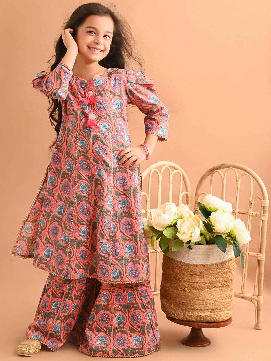 

LilPicks Girls Floral Printed Pure Cotton Gotta Patti Kurta With Sharara, Coral