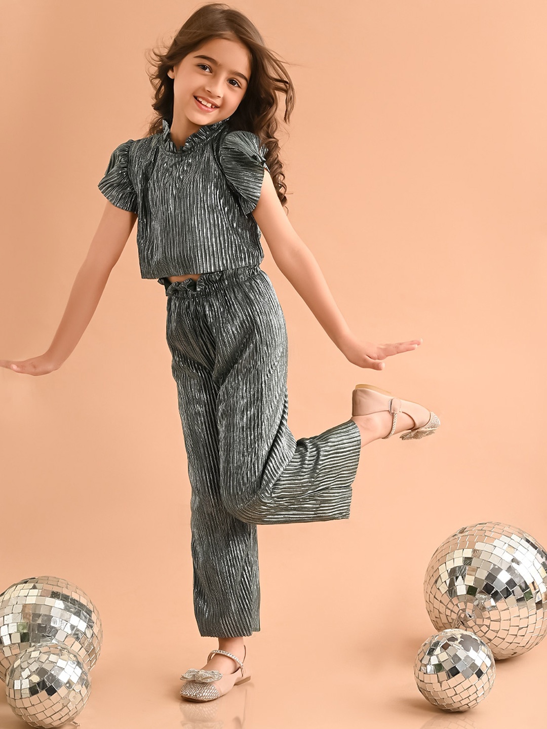 

LilPicks Girls Striped Top With Palazzos, Green