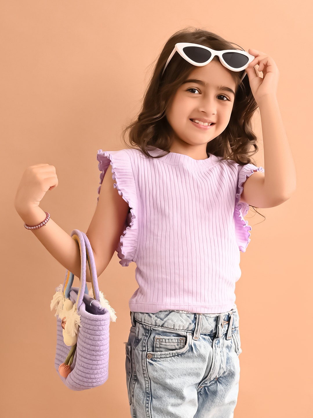 

LilPicks Girls Flutter Sleeve Cotton Top, Lavender