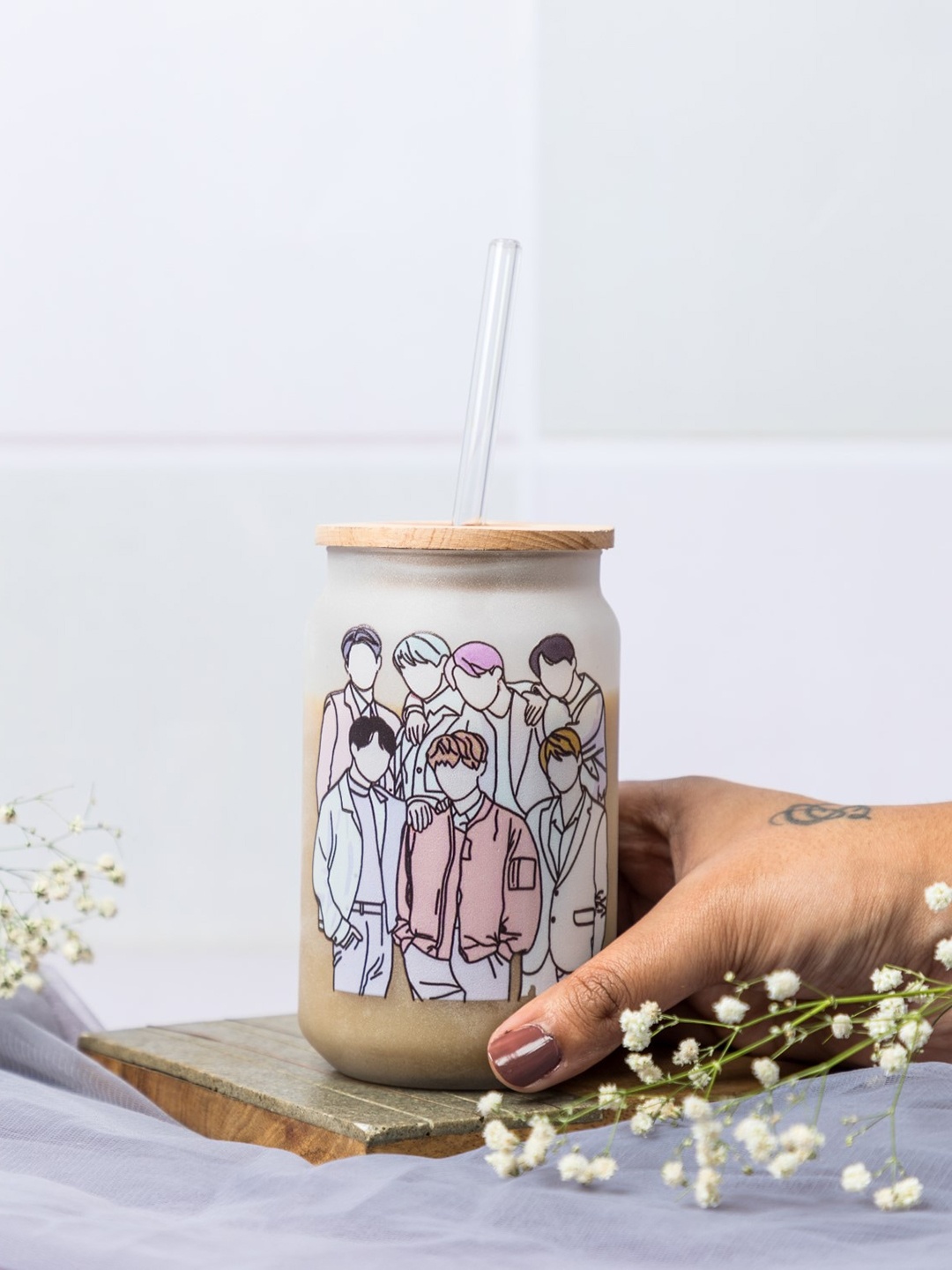 

1219 Avenue Transparent Printed Frosted Can Glass lid & Straw-500 ml