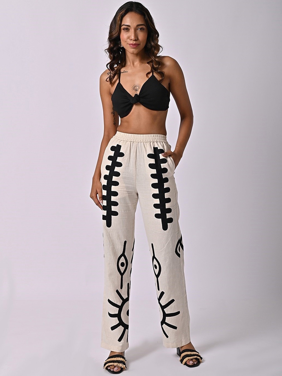

MISSY Women Printed Cotton Relaxed Straight Leg High-Rise Trousers, White