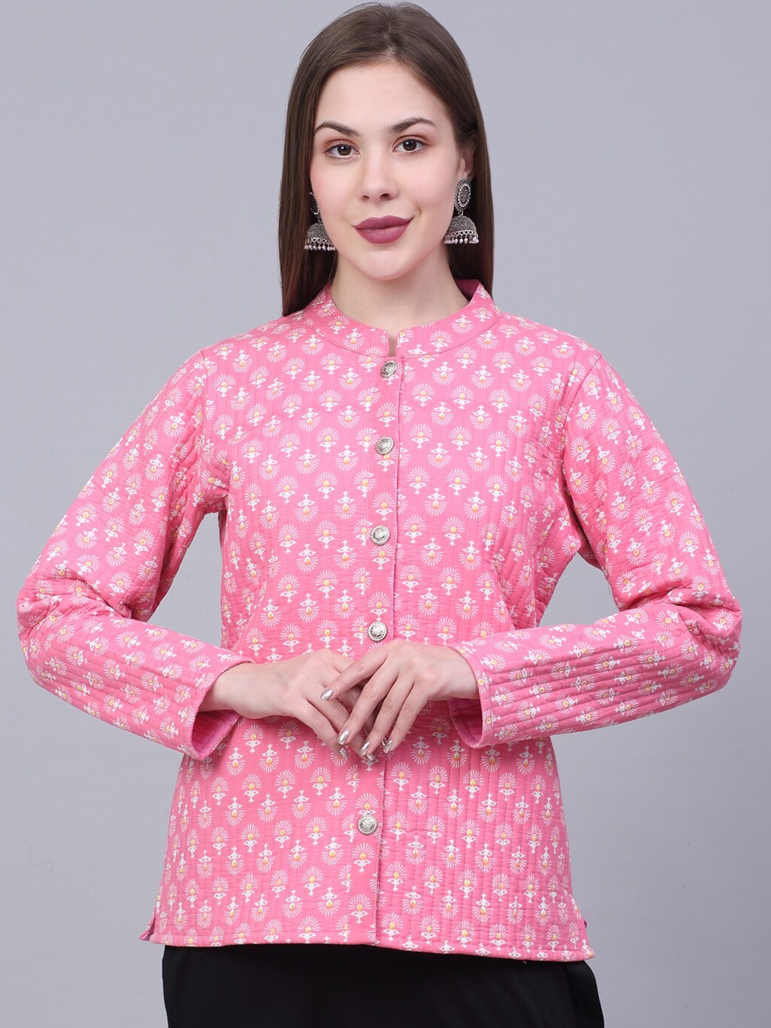 

Kamayra Ethnic Motif Printed Mandarin Collar Cotton Lightweight Quilted Jacket, Pink