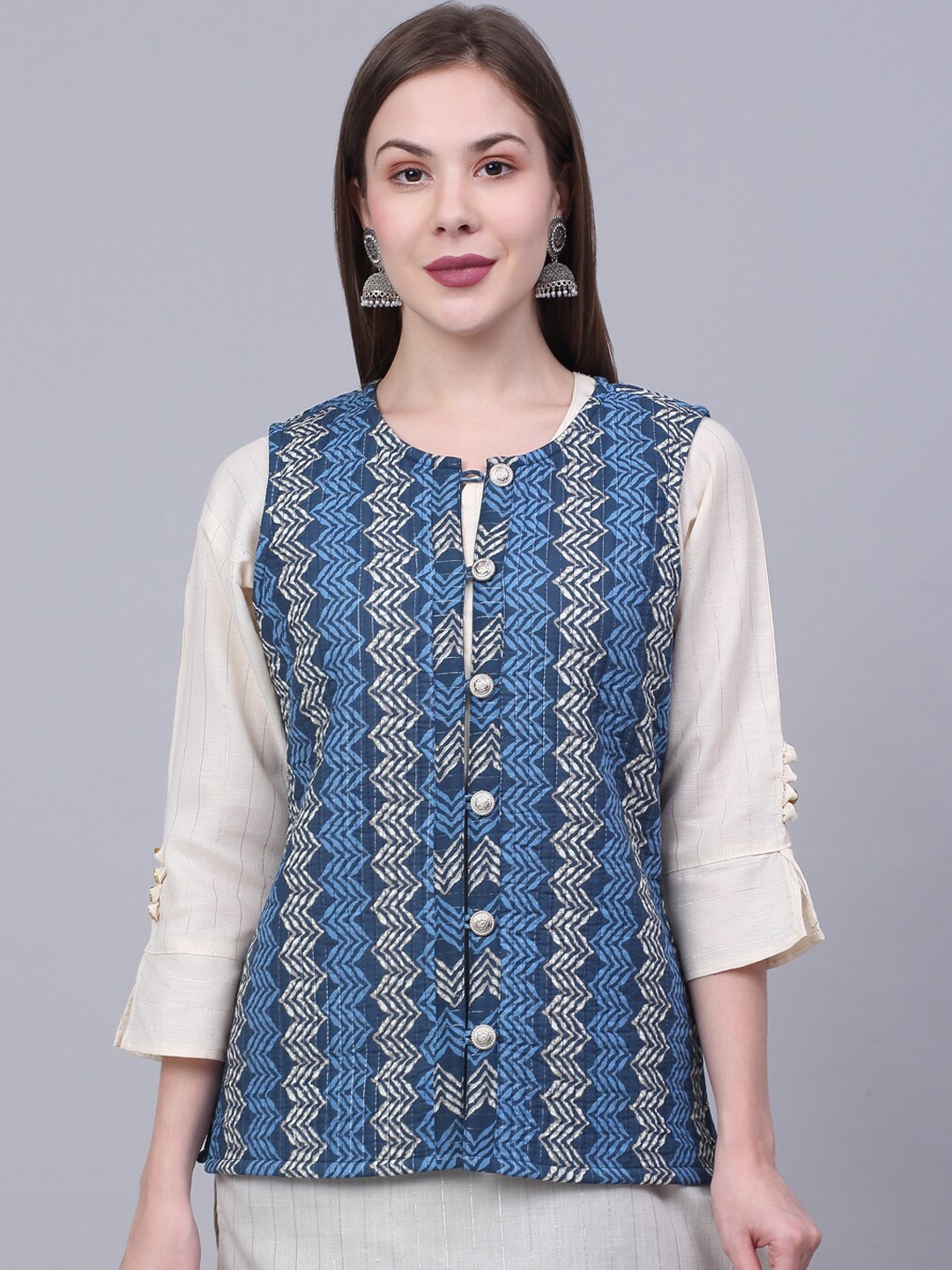 

Kamayra Chevron Printed Sleeveless Cotton Lightweight Quilted Jacket, Blue