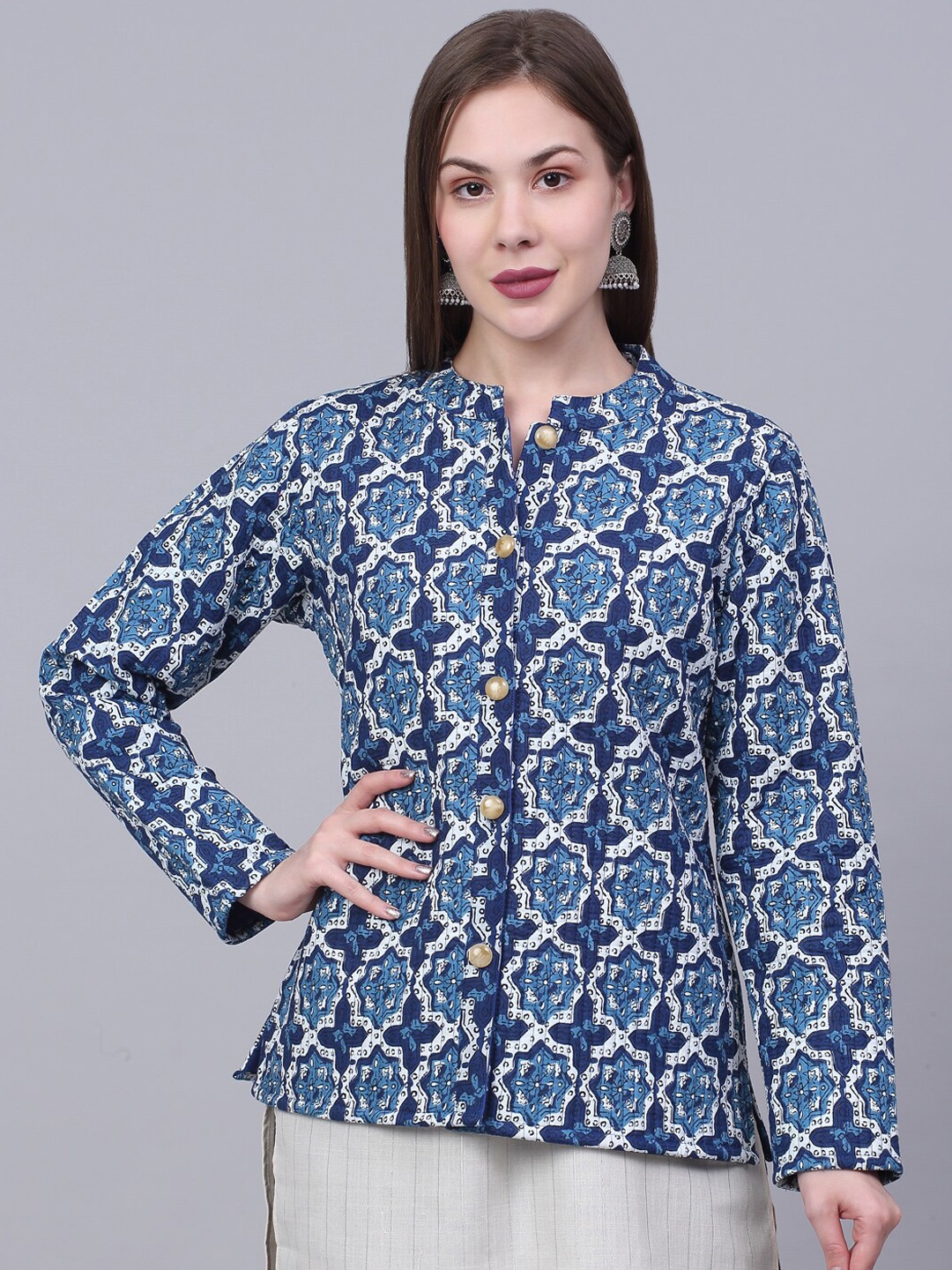 

Kamayra Ethnic Motif Printed Mandarin Collar Cotton Lightweight Quilted Jacket, Blue