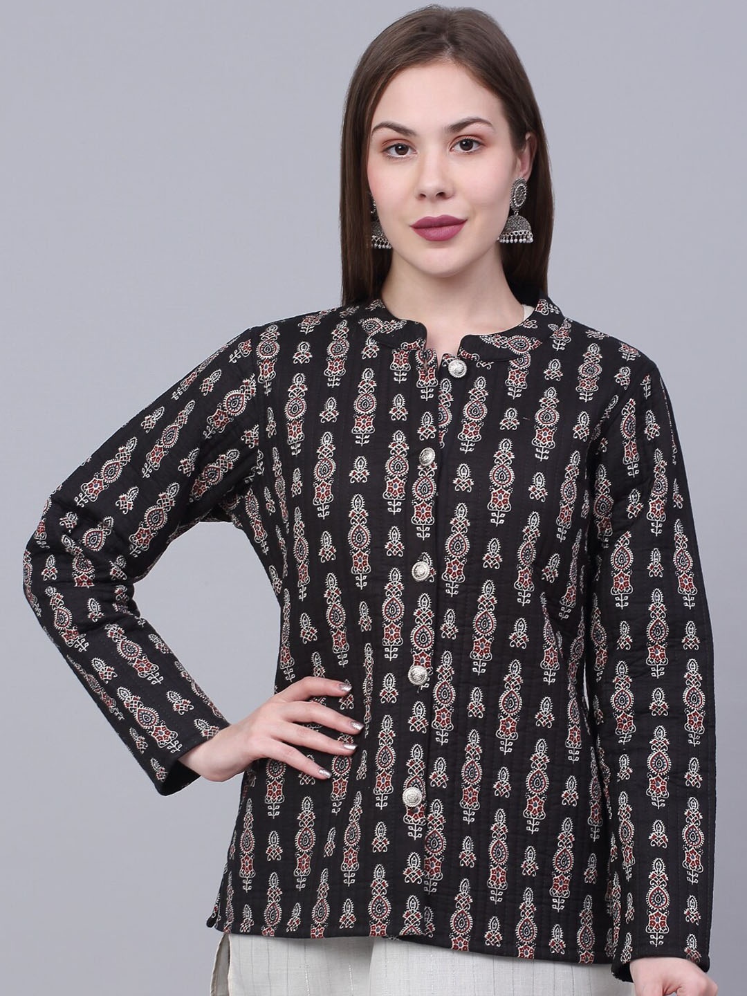 

Kamayra Ethnic Motif Printed Mandarin Collar Cotton Lightweight Quilted Jacket, Black