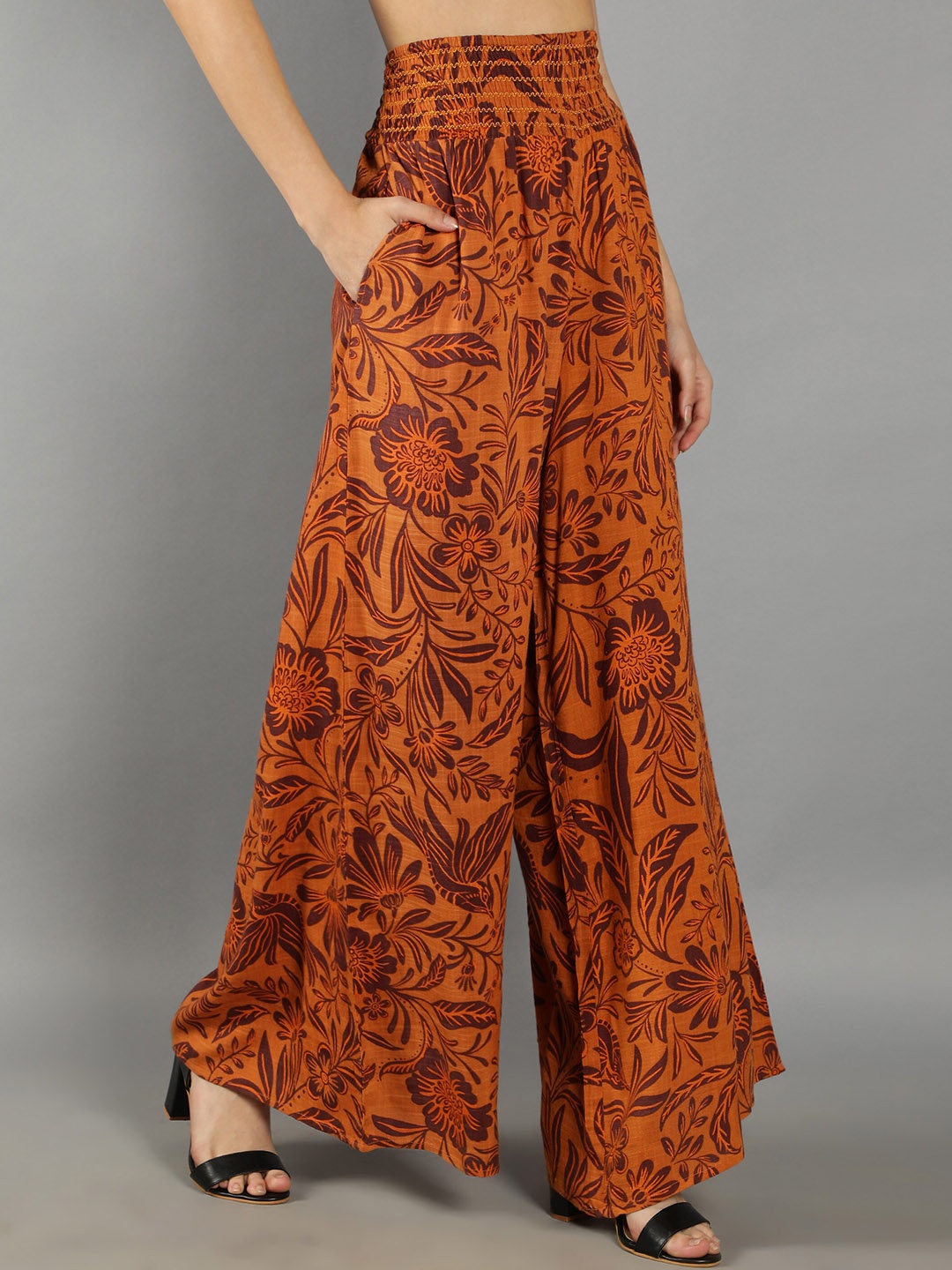 

DEBONATELLA Women Floral Printed Parallel Trousers, Orange