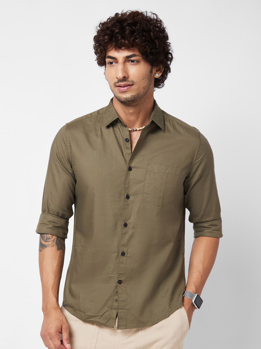 

VASTRADO Spread Collar Cotton Casual Shirt, Olive
