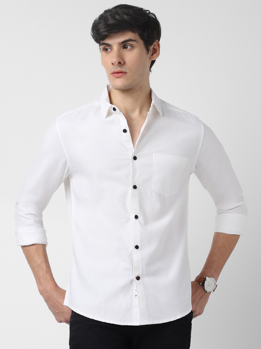 

VASTRADO Spread Collar Opaque Cotton Casual Shirt, White